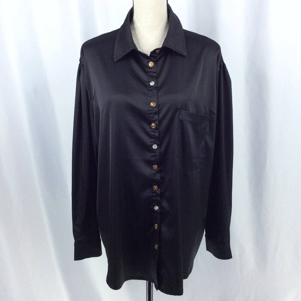 POL Clothing Satin Top Womens Size Small Oversized Black Long Sleeve Button Down
